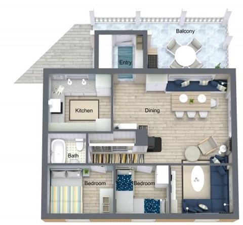 Floor plan for 2 beds, 1 bath, 1000 sqft